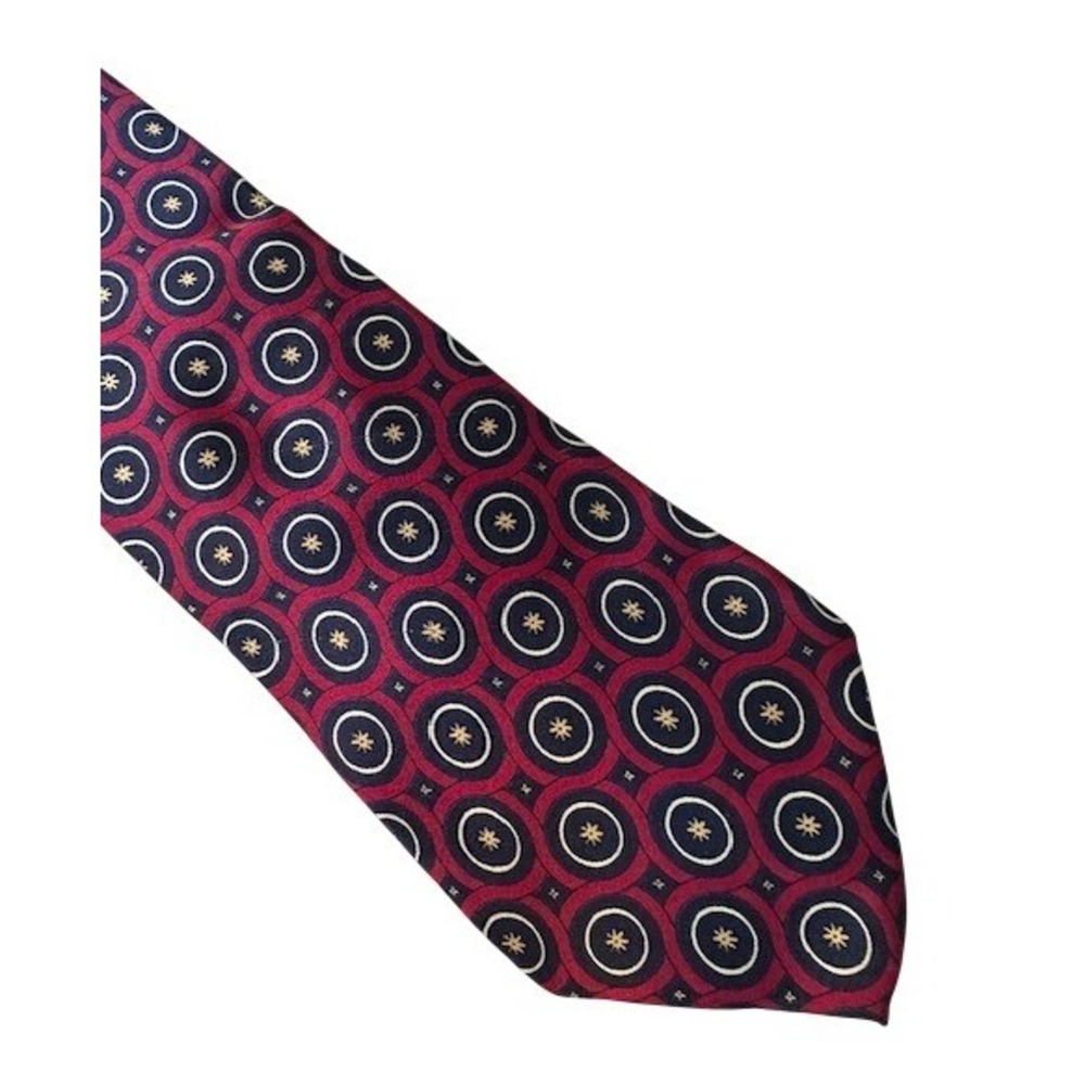Jack Mens Silk Necktie Burgundy Navy Blue Gold Geometric Star Pattern Tie